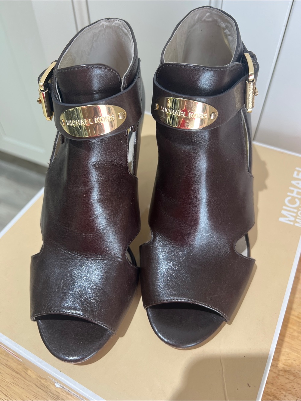 Michael Kors Dark Brown Leather Peep-Toe Cutout Heels with Gold Plaque